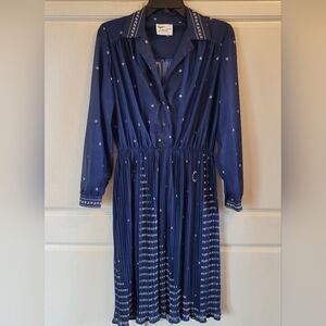 Vintage Tribute Navy Semi Sheer Collared Long Sleeve Dress